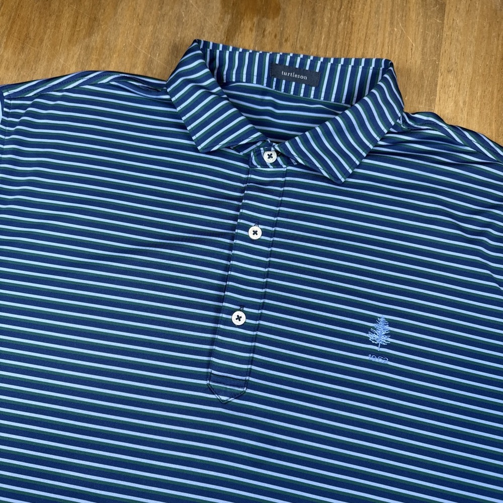 SOLD Turtleson Short Sleeve Golf Polo Shirt Mens XL Blue/Green Striped Logo - Picture 2 of 11